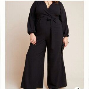 Anthropologie‎ Hutch Jana Plisse Wide Leg Belted Jumpsuit Black Sz 26W Plus NEW